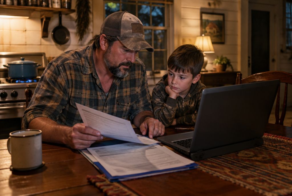 Cajun father and son at the kitchen table going over school enrollment forms on a laptop