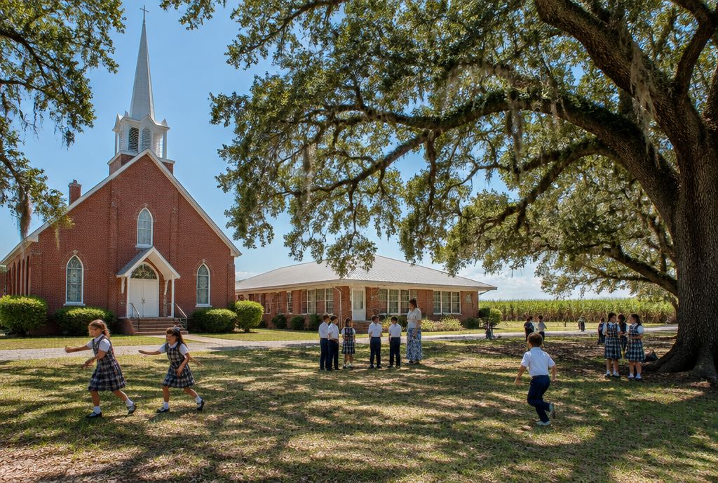 Red-brick Catholic church and parish school in Acadiana, children at recess under live oaks with a sugarcane field beyond