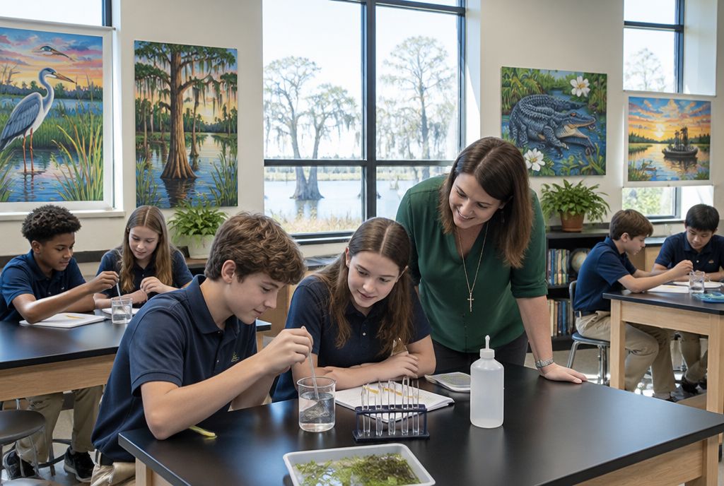 Middle-school students running an experiment in the science lab of an Acadiana Christian school